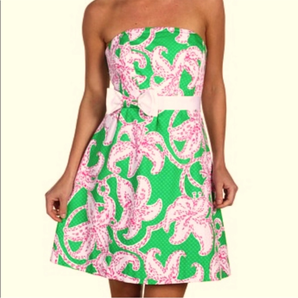 Lilly Pulitzer Amberly Strapless Dress in Pink Twinkle and Prep Green—NWT